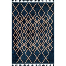 Praveen Lacivert Geometrik Etnik Modern Desenli Bambu Makinada Yıkanabilir Hav Toz Vermez Leke Tutmayan Kaymaz Taban Dijital Makine Baskı Salon Yolluk Mutfak Halı