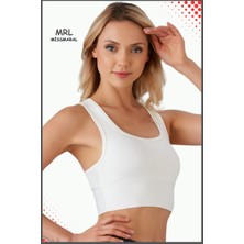 Kadın Ekru Spor Büstiyer Crop Halter Yaka Pedli Toparlayıcı Likralı Dalgıç Havuz Deniz Uygun