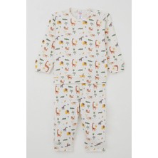 Breeze Erkek Bebek Pijama Takımı Omuzdan Patlı Bebek Hayvanat Bahçesi 4 Ay-1 Yaş, Ekru