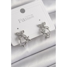 Pirinç Gümüş Renk Zirkon Taşlı 2'li Çiçek Model Kadın Küpe