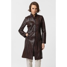 Kahve Laura Uzun Kadın Düğmeli Dar Fit Kesim Astarlı Uzun Hakiki Deri Kaban