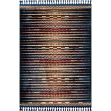 Hali.Net 80x200 cm Lacivert Etnik Bohem Çizgili Halı | Mutfak Koridor Halısı | Hav Vermez Leke Tutmaz | MLS-5235