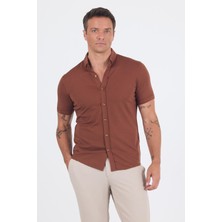 Kiremit Italyan Düğmeli Yaka Kısa Kol Cepsiz Slim Fit Gömlek 1004250255