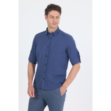 Indigo Mavi Kısalabilir Kol Smart Biritli Yaka Cepsiz  Slim Fit  Gömlek 1004250224