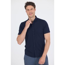 Koyu Lacivert Italyan Düğmeli Yaka Kısa Kol Cepsiz Slim Fit Gömlek 1004250255