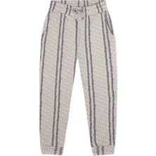 Antebies Organik Bej Lacivert Dikey Çiçek Desenli Beli Lastikli Bağcıklı Kız Çocuk Eşofman