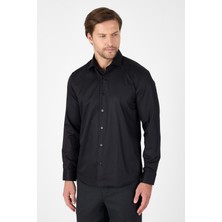 Siyah Uzun Kol Yarım Italyan Yaka Cepsiz Non Iron Slim Fit Pamuklu Gömlek 1004250267