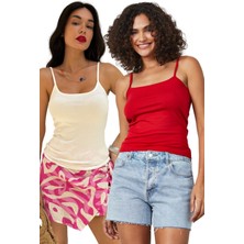 Kırmızı Ekru 2'li Ince Ip Askılı Pamuklu Basic Atlet 27274