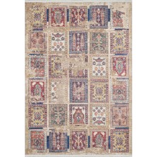 Hali.Net 80x150 cm Bej Mavi Etnik Vintage Patchwork Halı | Salon Mutfak Halısı | Hav Vermez Hipoalerjenik | HALN-HLN1598