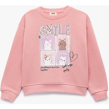 Uzun Kollu Bisiklet Yaka Şardonlu Kedi Baskılı Sweatshirt