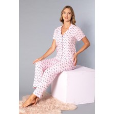 Boydan Düğmeli Kısa Kollu Gömlek Pijama Takımı - Yazlık Kalp Desenli Yumuşak Milan Kumaş - Poppy 58-08