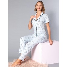 Boydan Düğmeli Kısa Kollu Gömlek Pijama Takımı - Yazlık Çiçek Desenli Yumuşak Milan Kumaş - Poppy 58-09