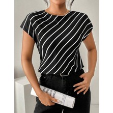 Modavera Kadın Kısa Yarasa Kollu Bisiklet Yaka Çizgi Desenli Atlas Bluz