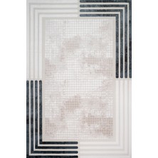 Hali.Net Krem Kareli Modern Geometrik Yıkanabilir Halı | Salon Yolluk Halısı | Leke Tutmayan Kaymaz Taban Kaymaz Yıkanabilir