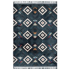 Pranvi Mavi Geometrik Etnik Modern Desenli Bambu Makinada Yıkanabilir Hav Toz Vermez Leke Tutmayan Kaymaz Taban Dijital Makine Baskı Salon Yolluk Mutfak Halı