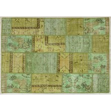 Hali.Net Yeşil Patchwork Vintage Anadolu Yün Halı | Salon Yatak Odası Halısı | Doğal Yün El Yapımı El Dokuma Hav Vermez | PATCHWORK-5261