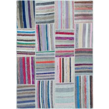 Hali.Net 160x230 cm Bej Çok Renkli Çizgili Bohem Patchwork Halı | Salon Yatak Odası Halısı | Hav Vermez | UNİQUE-22524