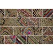 Hali.Net Kahverengi Patchwork Vintage Anadolu Yün Halı | Salon Yatak Odası Halısı | Doğal Yün El Yapımı El Dokuma Hav Vermez | PATCHWORK-6084