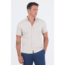 Taş Rengi Italyan Düğmeli Yaka Kısa Kol Cepsiz Slim Fit Gömlek 1004250255