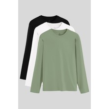 Standart Fit Basic O Yaka  3lü Paket Siyah-Beyaz-Kaktüs Erkek T-Shirt  87997