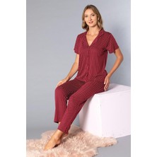 Boydan Düğmeli Kısa Kollu Gömlek Pijama Takımı - Yazlık Puan Desenli Yumuşak Milan Kumaş - Poppy 58-07
