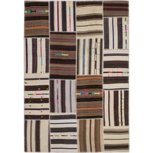 Hali.Net 160x230 cm Bej Kahverengi Çizgili Etnik Patchwork Halı | Salon Yatak Odası Halısı | Hav Vermez | UNİQUE-2233