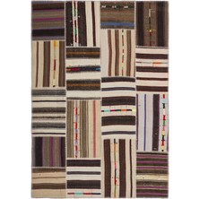 Hali.Net 160x230 cm Bej Çizgili Etnik Patchwork Halı | Salon Yatak Odası Halısı | Hav Vermez | UNİQUE-2238