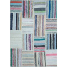 Hali.Net 158x223 cm Yeşil Çok Renkli Çizgili Patchwork Patchwork Halı | Salon Yatak Odası Halısı | Hav Vermez | UNİQUE-25259