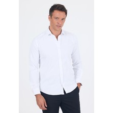 Beyaz Yarım Italyan Yaka Cepsiz Gabardin Uzun Kol Slim Fit Esnek Gömlek 1004250235