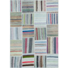 Hali.Net 160x222 cm Mor Çok Renkli Çizgili Bohem Patchwork Halı | Salon Yatak Odası Halısı | Hav Vermez | UNİQUE-25508