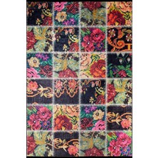 Holland Siyah Patchwork Etnik Modern Desenli Makinada Yıkanabilir Hav Toz Vermez Leke Tutmayan Kaymaz Taban Dijital Makine Baskı Salon Yolluk Mutfak Halı