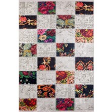 Hali.Net 80x150 cm Beyaz Açık Gri Çiçekli Modern Bohem Patchwork Halı | Salon Mutfak Halısı | Hav Vermez Hipoalerjenik | HALN-HLN188