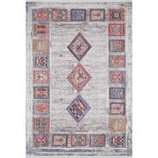 Bespoky 100x150 cm Mavi Açık Gri Eskitme Vintage Etnik Yıkanabilir Halı | Yatak Odası Mutfak Halısı | Leke Tutmayan, Kaymaz | HALN-HLN1559