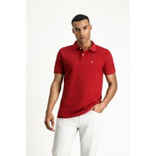 Polo Yaka Slim Fit Dar Kesim Nakışlı Pamuk Tişört