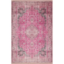 Drom Dokuma Taban Makinede Yıkanabilen Kilim Kaymaz Şönil Halı Vintage Desenli Pembe Halı