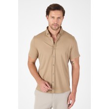 Koyu Bej Kısa Kol Düğmeli Yaka Cepsiz Performans Ürün Slim Fit  Gömlek 1004250256
