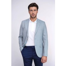 Açık Mavi Balıksırtı Desenli Gold Renk Metal Düğmeli Slim Fit Erkek Blazer Ceket - Wessi