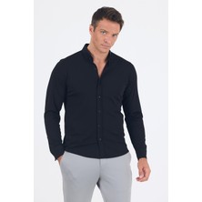 Siyah Italyan Düğmeli Yaka Uzunkol Cepsiz Slim Fit Gömlek 1004250254