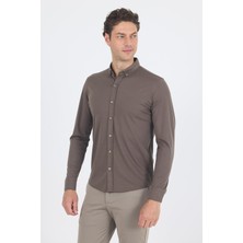 Koyu Haki Italyan Düğmeli Yaka Uzunkol Cepsiz Slim Fit Gömlek 1004250254