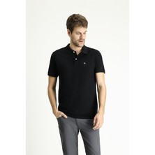 Polo Yaka Slim Fit Dar Kesim Nakışlı Pamuk Tişört