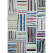 Bespoky 160x221 cm Bej Çok renkli Patchwork Bohem Çizgili Halı | Salon Yatak Odası Halısı | UNİQUE-25267