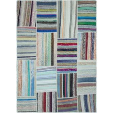 Bespoky 157x220 cm Mavi Çok renkli Yamalı Patchwork Çizgili Halı | Salon Yatak Odası Halısı | UNİQUE-25320