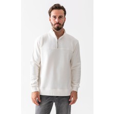 Erkek Dik Yaka Yarım Fermuarlı Dokulu Sweatshirt Beyaz - 25K 1061