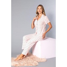 Boydan Düğmeli Kısa Kollu Gömlek Pijama Takımı - Yazlık Kalp Desenli Yumuşak Milan Kumaş - Poppy 58-08