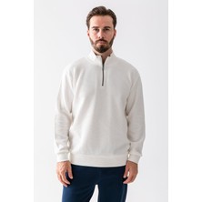 Erkek Dik Yaka Yarım Fermuarlı Basic Sweatshirt Beyaz - 5716