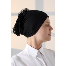 Kadın Fırfırlı Güpürlü Tesettür Topuz Bone - Siyah