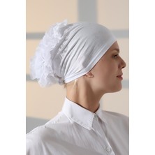 Kadın Fırfırlı Güpürlü Tesettür Topuz Bone - Beyaz