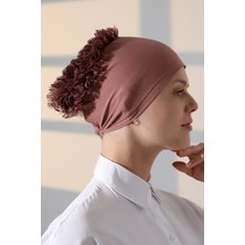 Kadın Fırfırlı Güpürlü Tesettür Topuz Bone - Gül Kurusu