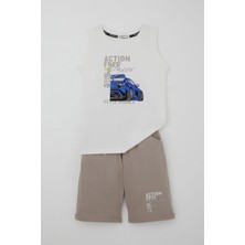 Breeze Erkek Çocuk Şortlu Takım Sıfır Kollu Yarış Pistinin Kahramanı Araba Baskılı 5-10 Yaş, Beyaz