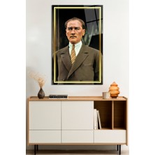 Gold Şeritli Mustafa Kemal Atatürk Portresi Cam Tablo, Darbelere Dayanıklı Kırılmaz Cam, Hediyelik